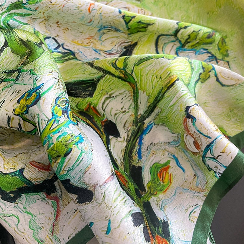 Carré 100% Soie Décoration Fleur Artistique Femme